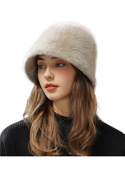 Büyük Başlı Hakiki Tavşan Kürkü Peluş Sonbahar-Kış Yüz Maskeli, Yüzünü Küçük Gösteren Kovaya Benzer Balıkçı Şapkası (Yurt Dışından)