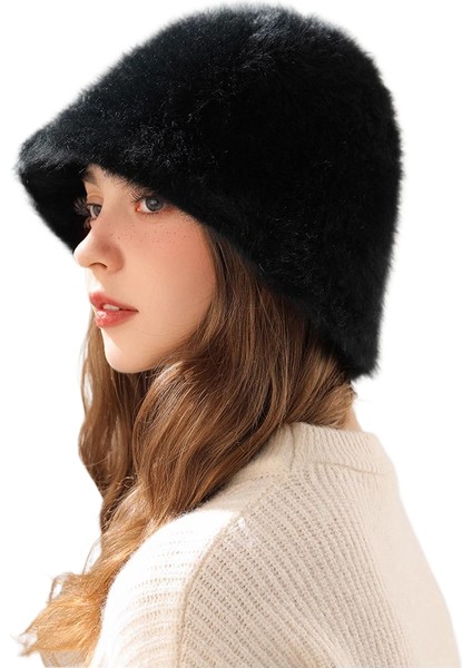 Büyük Başlı Hakiki Tavşan Kürkü Peluş Sonbahar-Kış Yüz Maskeli, Yüzünü Küçük Gösteren Kovaya Benzer Balıkçı Şapkası (Yurt Dışından)