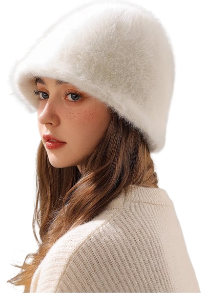 Büyük Başlı Hakiki Tavşan Kürkü Peluş Sonbahar-Kış Yüz Maskeli, Yüzünü Küçük Gösteren Kovaya Benzer Balıkçı Şapkası (Yurt Dışından)