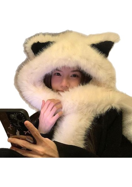 Kalın Pamuklu Tilkili Kulaklı Şapka Eşarbı Birleşik Isıtıcı Şapka (Yurt Dışından)