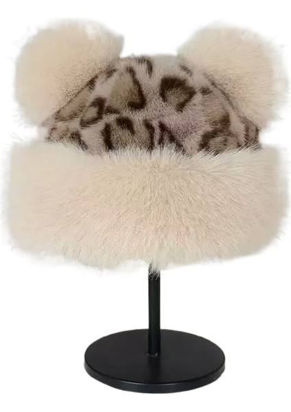 Yapay Kürk Peluş Kulak Koruyuculu Leopar Desenli Küçük Ayı Şekilli Kalınlaştırılmış Rüzgar Geçirmez Isıtıcı Şapka (Yurt Dışından)