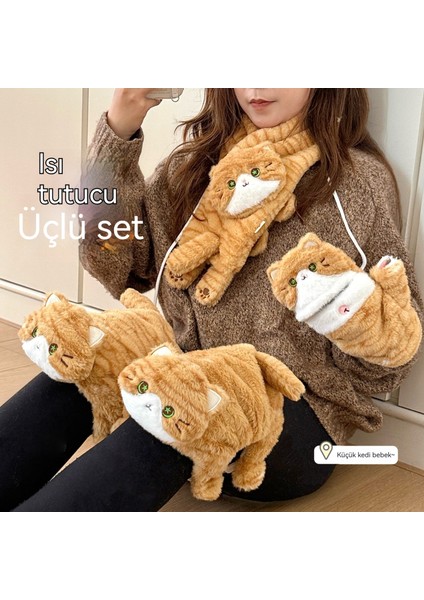 Sonbahar ve Kış Soğuğa Dayanıklı ve Sıcak Sevimli Kedi Yavrusu Üç Parçalı Turuncu Kedi Eldiven Eşarp Peluş Diz Peddesi Rüzgar Geçirmez Koruyucu (Yurt Dışından)