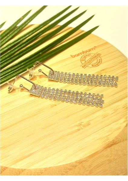 Lüks Gümüş Renk Taşlı Abiye Küpe