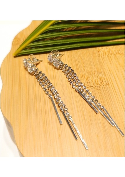 Lüks Gümüş Renk Taşlı Abiye Küpe