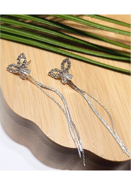 Lüks Gümüş Renk Taşlı Abiye Küpe