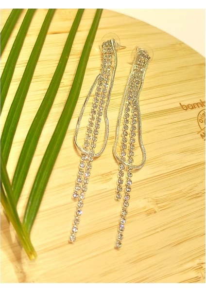 Lüks Gümüş Renk Taşlı Abiye Küpe