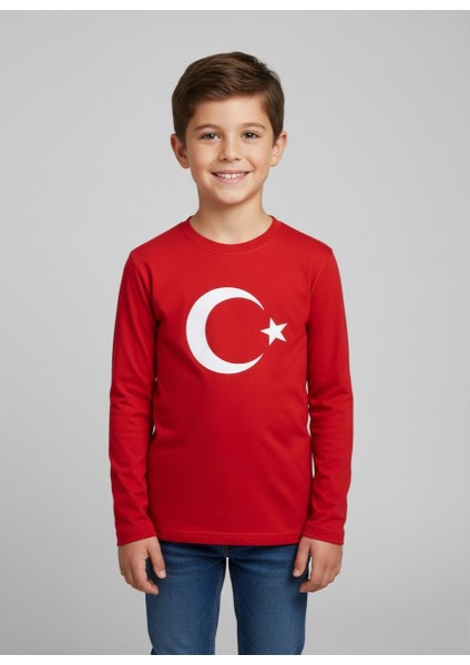Çoçuk Erkek-Kız Ay Yıldızlı Türk Bayraklı Uzun Kollu Kırmızı-Beyaz T-Shirt