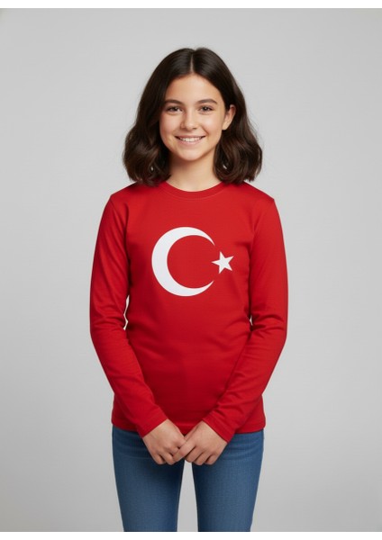 Çoçuk Erkek-Kız Ay Yıldızlı Türk Bayraklı Uzun Kollu Kırmızı-Beyaz T-Shirt fırsatları
