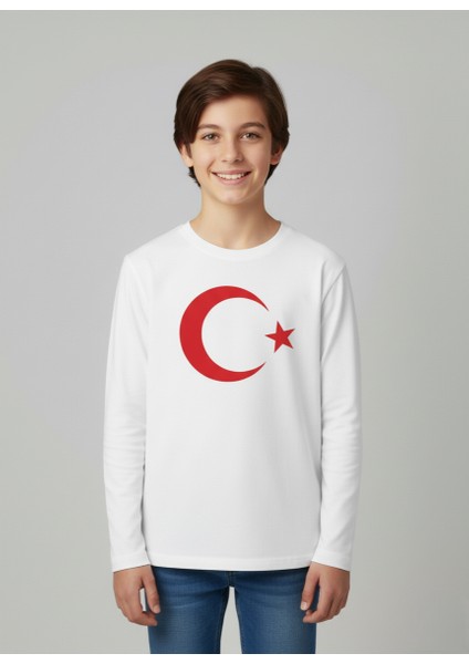 Çoçuk Erkek-Kız Ay Yıldızlı Türk Bayraklı Uzun Kollu Kırmızı-Beyaz T-Shirt