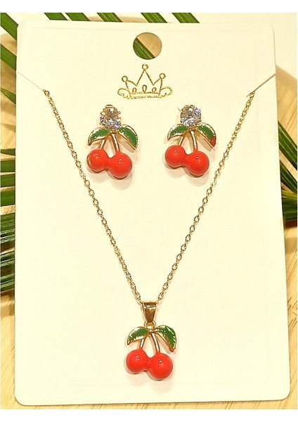 Renkli Kiraz Küpe Kolye Set