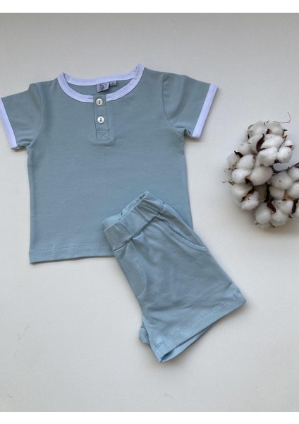Soft Mavi Düğmeli Tshirt Şortlu Takım %100 Pamuk Tşört