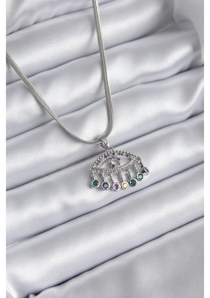 Bfs 316L Çelik Gümüş Renk Italyan Zincir Zirkon Taşlı Göz Figür Kadın Kolye