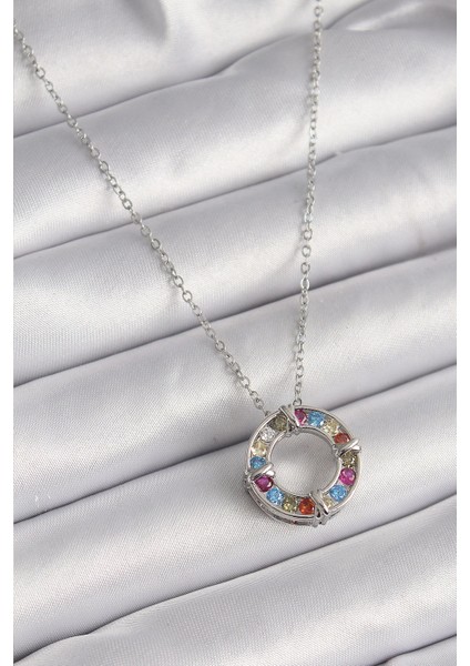 Bfs 316L Çelik Gümüş Renk Zincir Renkli Zirkon Taşlı Xoxo Model Kadın Kolye