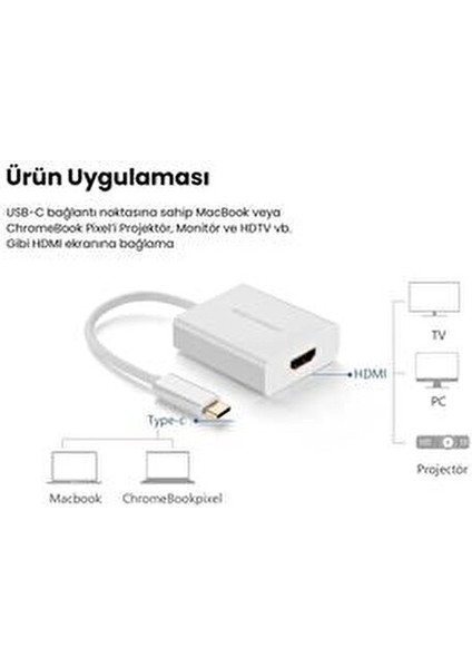Type-C HDMI Dönüştürücü Adaptör 4K Görüntü Aktarımı 10 cm Beyaz Renkli