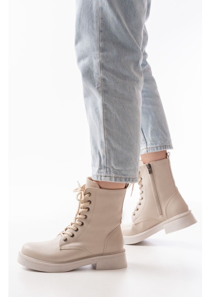 02-356 Bej Düz Topuklu Bağcıklı Fermuarlı Günlük Kadın Bot fiyatları