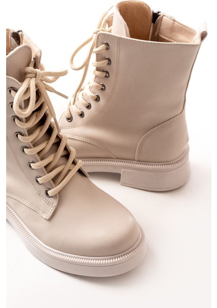02-356 Bej Düz Topuklu Bağcıklı Fermuarlı Günlük Kadın Bot indirimleri