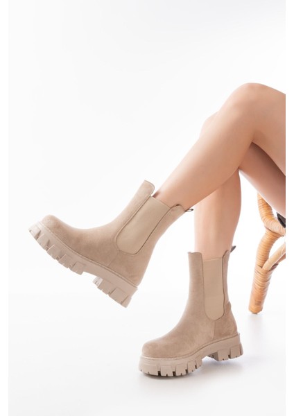 FZ-299 Bej Süet Yüksek Tabanlı Lastikli Günlük Kadın Bot modelleri