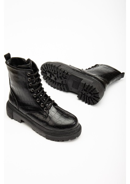 812-356 Siyah Kroko Bağcıklı Fermuarlı Günlük Kadın Bot