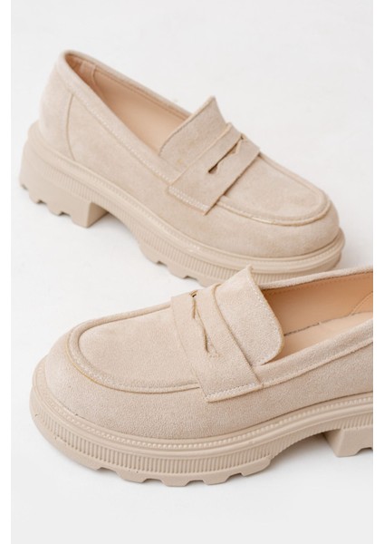 746-759 Bej Süet Günlük Yüksek Tabanlı Loafer Ayakkabı
