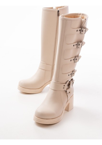 5109-3015 Bej Topuklu Fermuarlı Toka Aksesuarlı Günlük Kadın Çizme modelleri