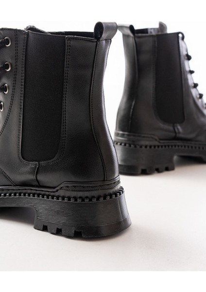 2051-298 Siyah Cilt Düz Topuklu Bağcıklı Lastikli Günlük Kadın Bot fırsatları