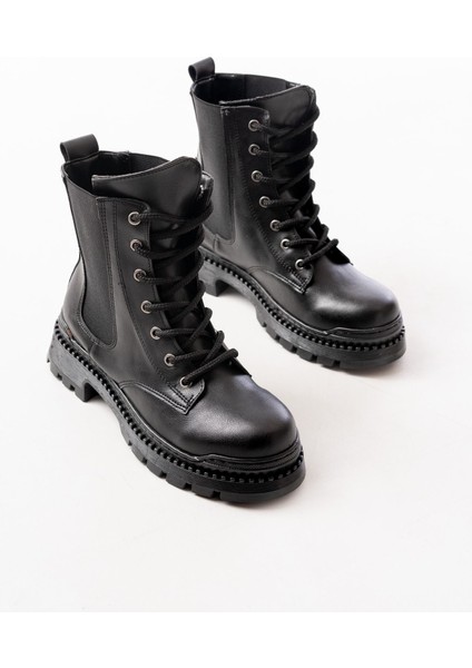 2051-298 Siyah Cilt Düz Topuklu Bağcıklı Lastikli Günlük Kadın Bot indirimleri