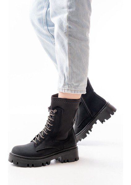 868-2006 Siyah Zümrüt Düz Topuklu Bağcıklı Fermuarlı Günlük Kadın Bot