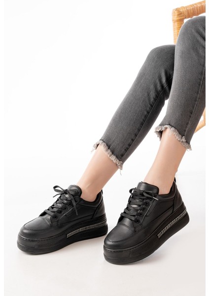 FLN-1999 Siyah Bağcıklı Taban Taş Aksesuarlı Günlük Spor Ayakkabı fiyatları