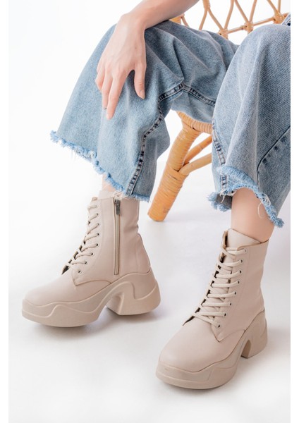 FZ-2550 Bej Yüksek Tabanlı Bağcıklı Fermuarlı Günlük Kadın Bot