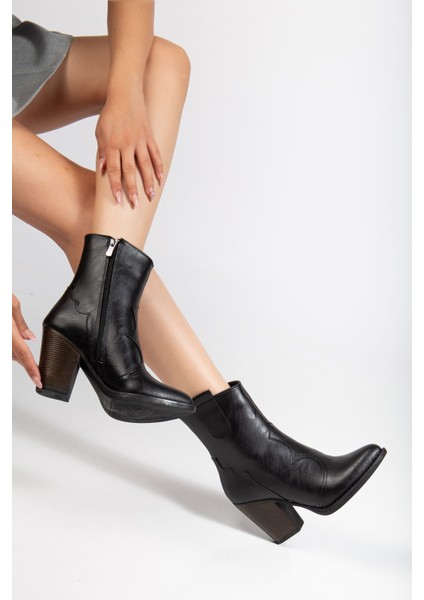 117 Siyah Kovboy Dikiş Detaylı Fermuarlı Yüksek Topuklu Günlük Kadın Bot