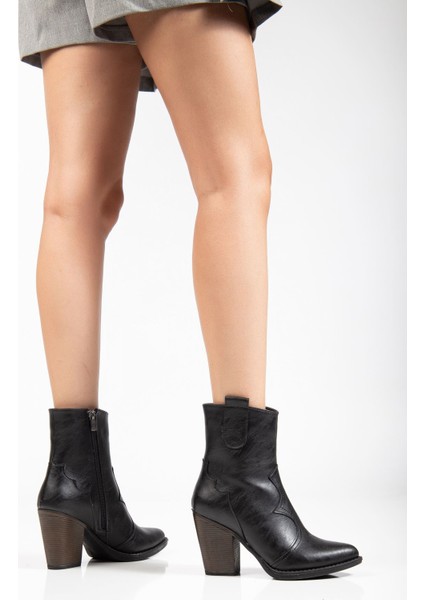 117 Siyah Kovboy Dikiş Detaylı Fermuarlı Yüksek Topuklu Günlük Kadın Bot modelleri