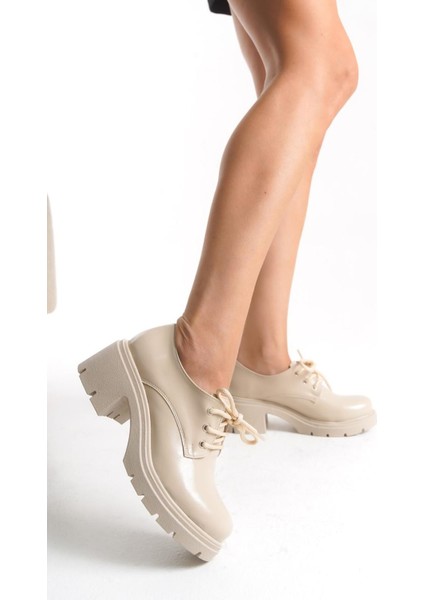 K-707 Bej Kırışık Rugan Yüksek Tabanlı Bağcıklı Loafer Ayakkabı fiyatları