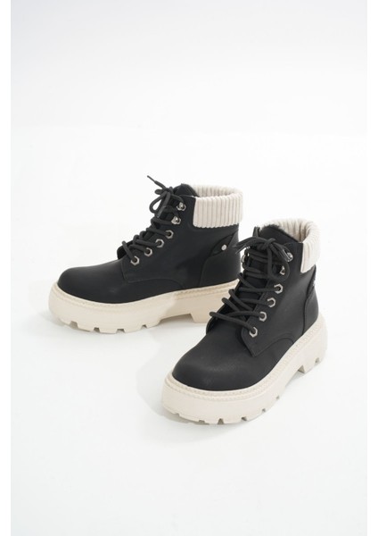 LMÇ-2045 Siyah-Bej Taban Bağcıklı Kalın Taban Kadın Günlük Bot indirimleri