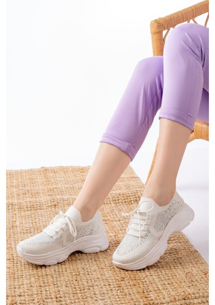 3002 Beyaz Bağcıklı Fileli Taş Aksesuarlı Günlük Spor Ayakkabı fiyatları