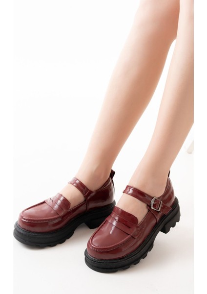745-771 Bordo Rugan Kadın Günlük Yüksek Tabanlı Loafer Ayakkabı fiyatları