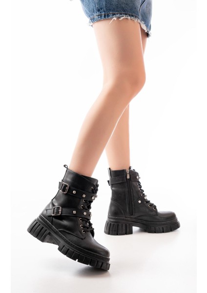 842-03 Siyah Bağcıklı Kalın Tabanlı Bağcıklı Fermuarlı Günlük Kadın Bot modelleri