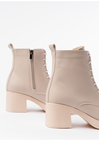 5109-3025 Bej Bağcıklı Fermuarlı Kalın Topuklu Günlük Kadın Bot indirimleri