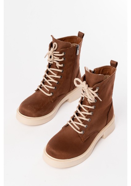 02-356 Taba Süet Düz Topuklu Bağcıklı Fermuarlı Günlük Kadın Bot modelleri