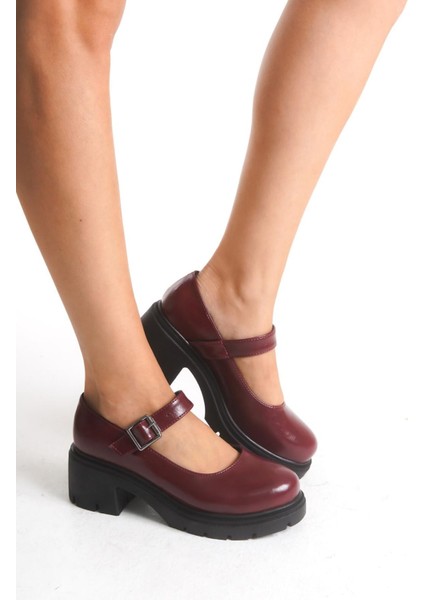 K-708 Bordo Kırışık Rugan Tokalı Yüksek Tabanlı Loafer Ayakkabı modelleri