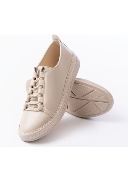 MK-9026 Bej Bağcıklı Taş Aksesuarlı Günlük Spor Ayakkabı