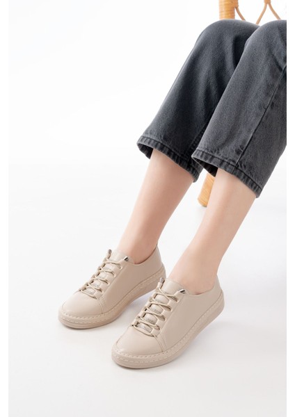 MK-9026 Bej Bağcıklı Taş Aksesuarlı Günlük Spor Ayakkabı modelleri