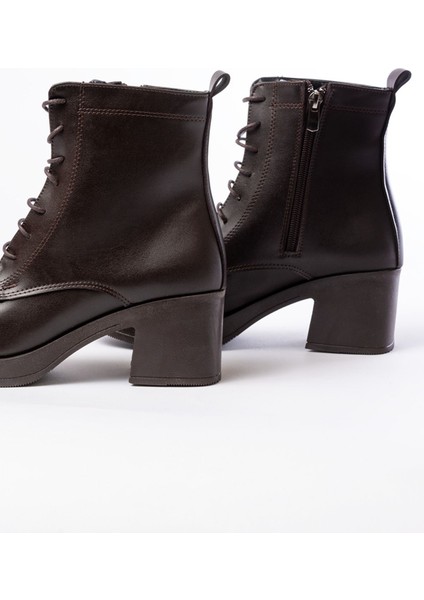 5109-3025 Kahverengi Bağcıklı Fermuarlı Kalın Topuklu Günlük Kadın Bot indirimleri