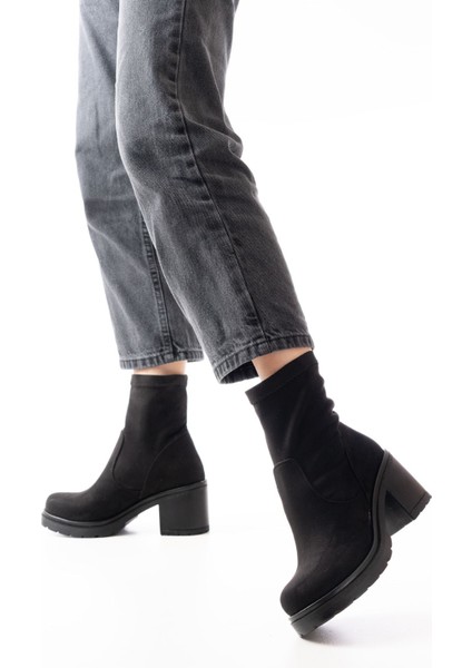 767-3040 Siyah Süet Günlük Kalın Topuklu Kadın Bot modelleri