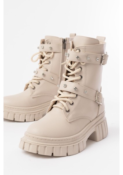 842-03 Bej Bağcıklı Kalın Tabanlı Bağcıklı Fermuarlı Günlük Kadın Bot fırsatları