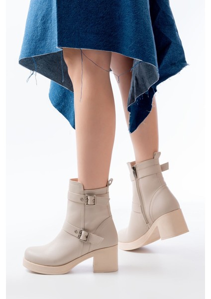 5109-3027 Bej Topuklu Fermuarlı Günlük Kadın Bot modelleri