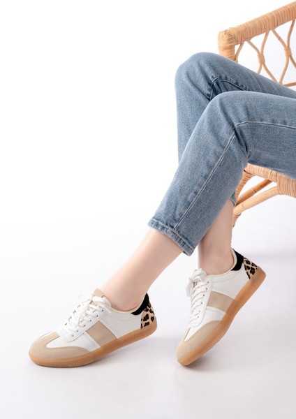 M-6006 Beyaz Garni Leopar Desenli Bağcıklı Termo Taban Günlük Kadın Spor indirimleri