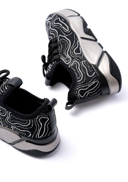 RS-402 Siyah Bağcıklı Fileli Taşlı Platin Taban Günlük Kadın Spor modelleri