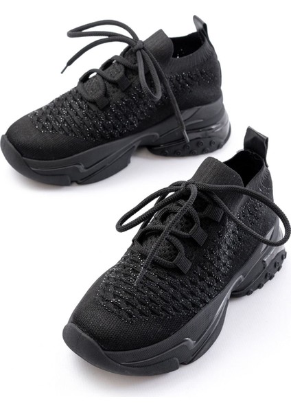 SP-2024 Siyah Günlük Bağcıklı Fileli Taş Aksesuarlı Kadın Spor Ayakkabı modelleri