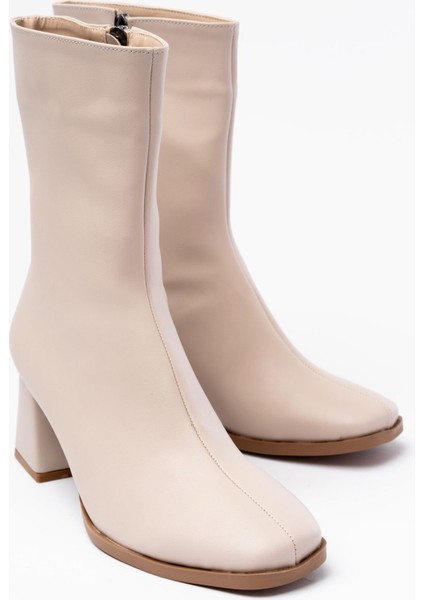 MSK-032 Bej Topuklu Fermuarlı Kadın Bot modelleri