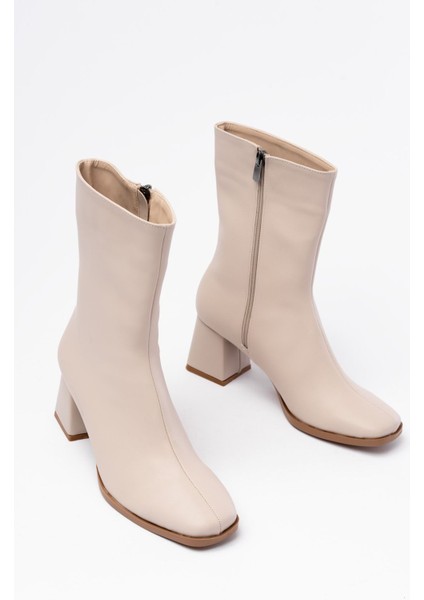 MSK-032 Bej Topuklu Fermuarlı Kadın Bot indirimleri